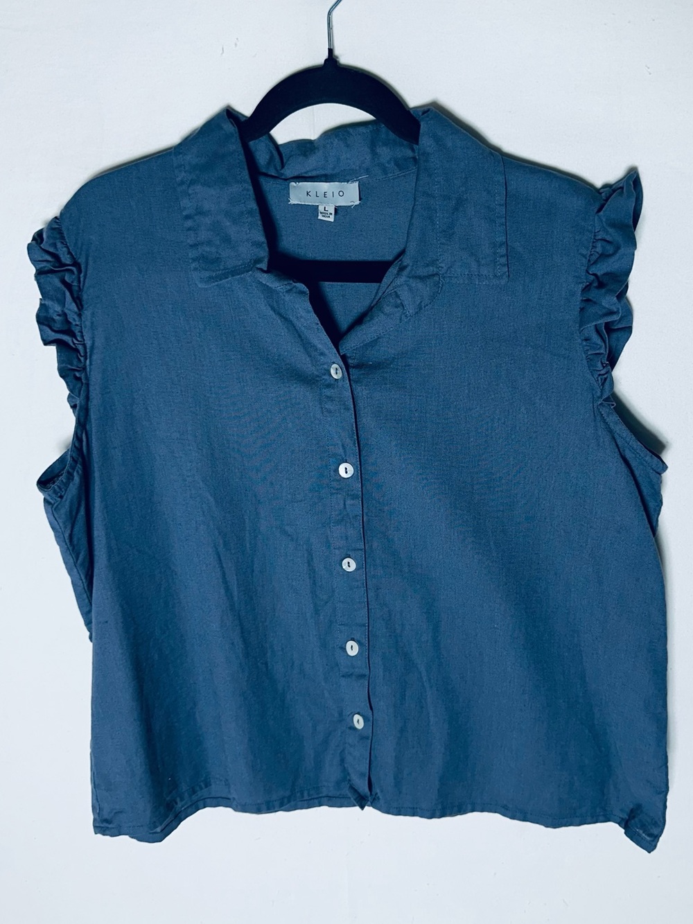 Kleio Slate Blue Linen Cotton Ruffle Cap Sleeve Button Down Blouse Size L